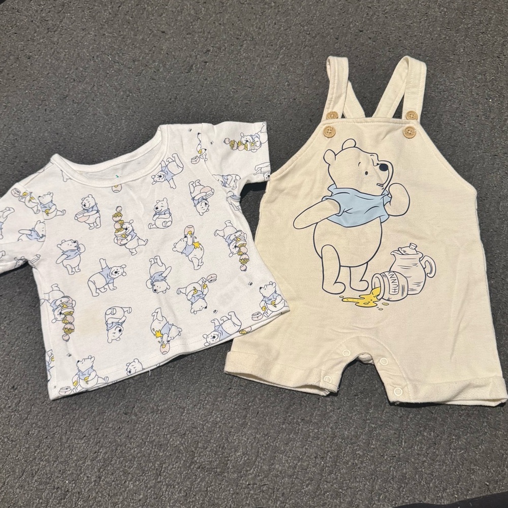 Disney Winnie the Pooh Baby Cream, White and yellow overall Outfit